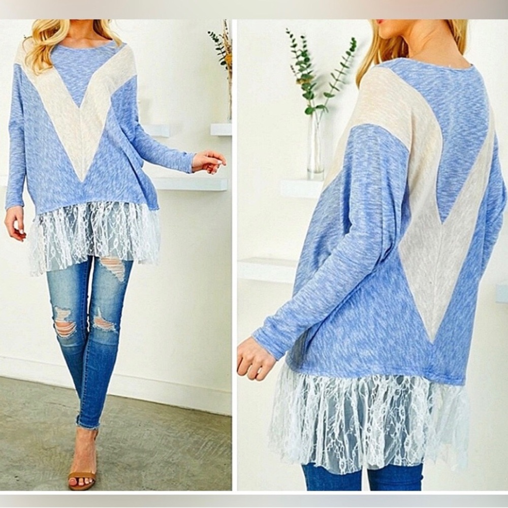 A’reve Heathered Knit Top in Blue & Cream, white lace hem with dolman sleeves.